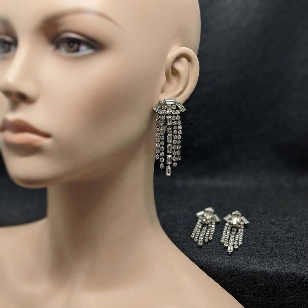 Vintage Clear Rhinestone Crystal Chandelier Clip-On Earrings